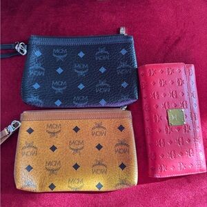 MCM Black and Cognac Leather Monogram Wristlet Duo with Red Continental Wallet